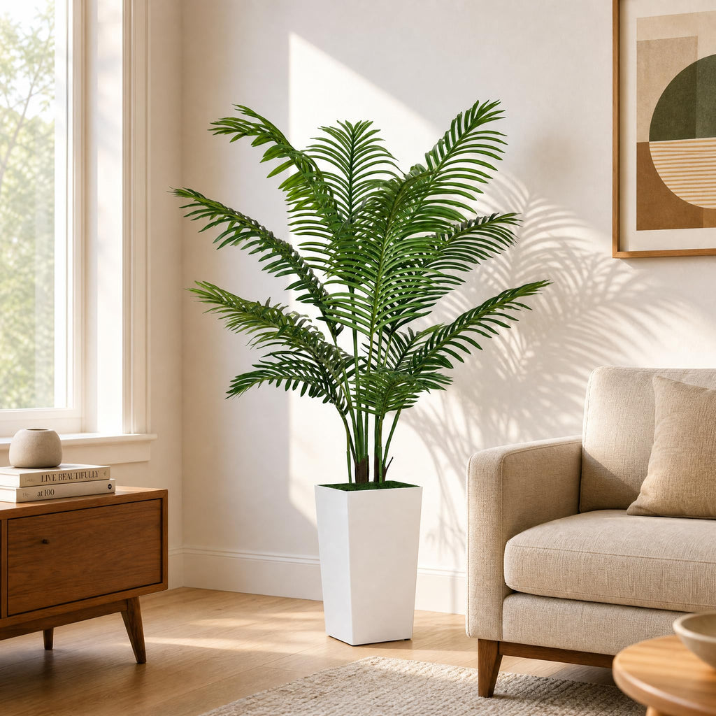 5FT Fake Palm Tree with Tall White Planter, Realistic Artificial Plants Indoor Decor, Office and Living Room