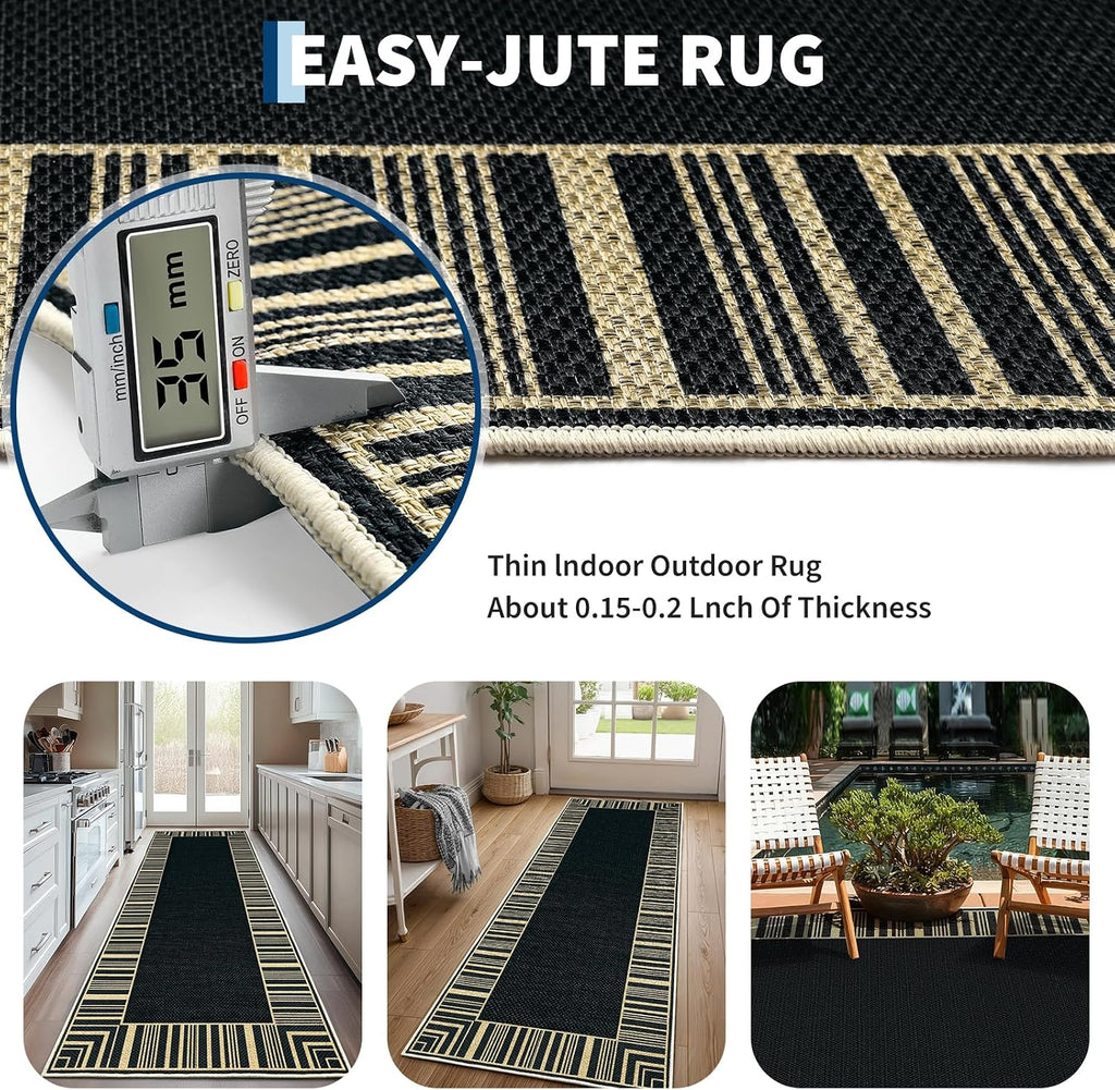 Striped Border Outdoor Rug 5x7 Area Rugs, Washable Rugs Non Slip, Farmhouse Neutral Patio Carpet for Backyard Dining