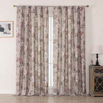 Floral Curtains Living Room - 120 Inches Extra Long 2 Panels Set, Faux Linen Elegant Rustic Farmhouse Printed Rod