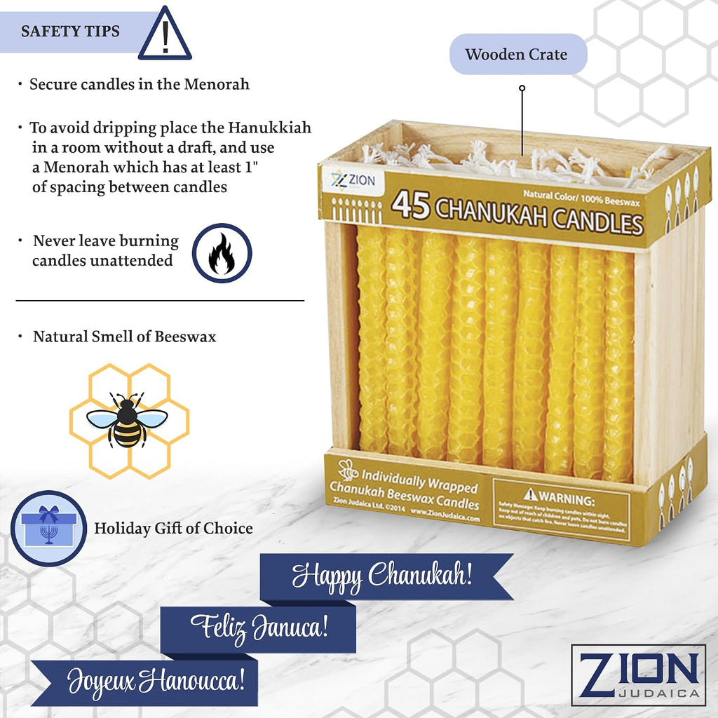 Zion Judaica Twin Pack Natural Beeswax Hanukkah Candles Yellow Bees Wax Chanukah Candles in Wooden Crate - Set of 45