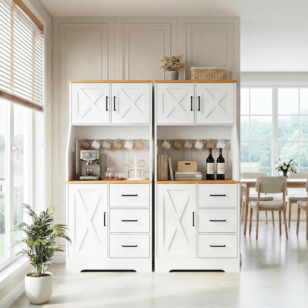 Pantry Cabinet with Adjustable Shelves and 3 Drawers, Tall Kitchen Pantry Storage Cabinet with LED Light & Charging