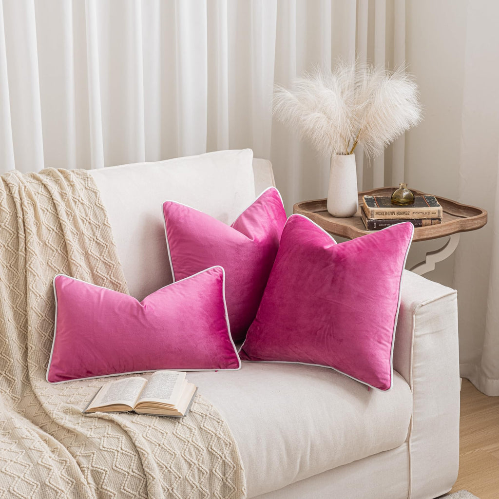 Set of 2 Hot Pink and White Velvet Throw Pillow Covers Modern Minimalist Style Solid Decorative White Rope Edging