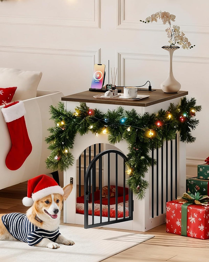 Dog Crate Furniture, Wooden Dog Kennel with Charging Station and Storage Drawer, Indoor Pet Crate End Table for Small