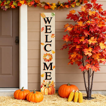 Farmhouse Autumn Wooden Welcome Sign Stand for Front Door, 47" Rustic Large Fall Welcome Porch Sign Wall Hanging for
