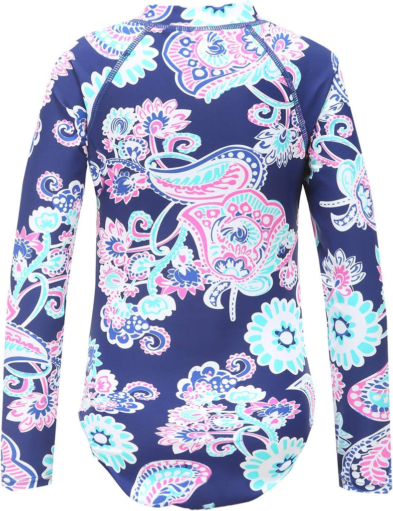 Girls Rash Guard Long Sleeve One Piece Swimsuits Stripes Zipper Bathing Suits UPF 50+/Sun Protection