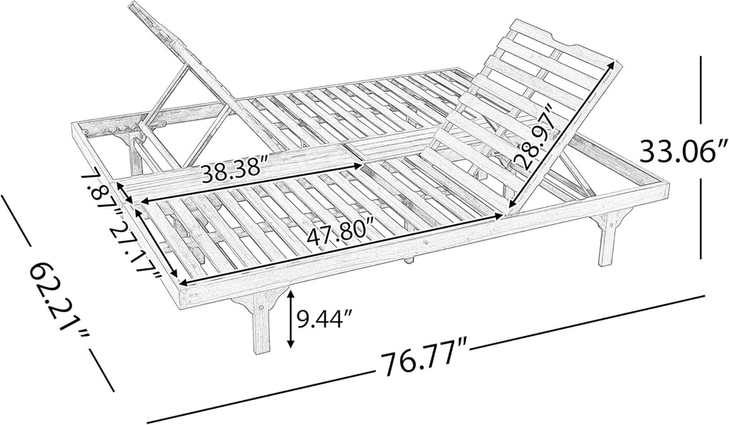 Acacia Wood Outdoor Chaise Lounge Set, 2 Recliners with 3-Fold Dark Grey Cushions, 5-Position Adjustable Double