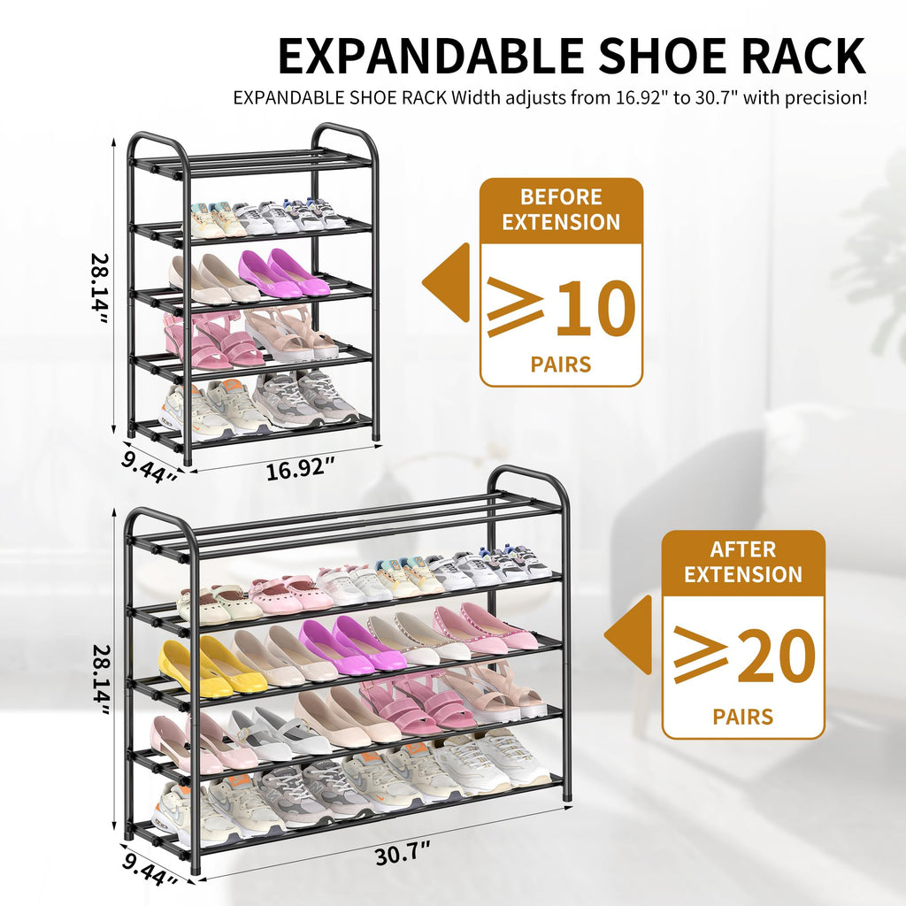 5-Tier Metal Expandable Shoe Rack for Closet and Entryway, Black