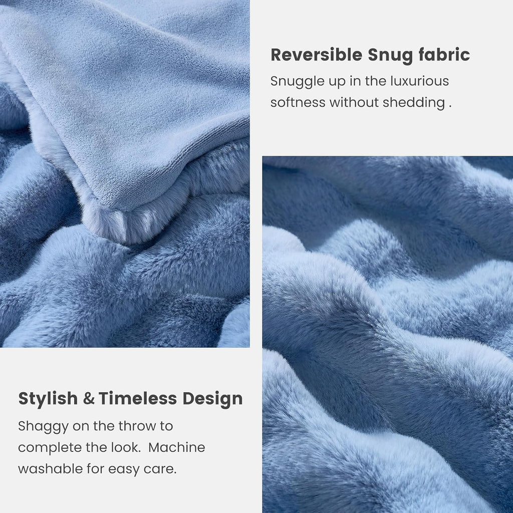 Faux Fur Bubble Throw for Couch, Fuzzy Soft Plush Thick Blanket for Sofa Bedroom Living Room, 60x80 Inches Misty Blue