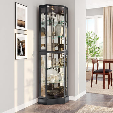 Lighted 3-Side Glass Display Curio Cabinet with Tempered Glass Doors and Shelves, Curved Wood Corner Cabinet with
