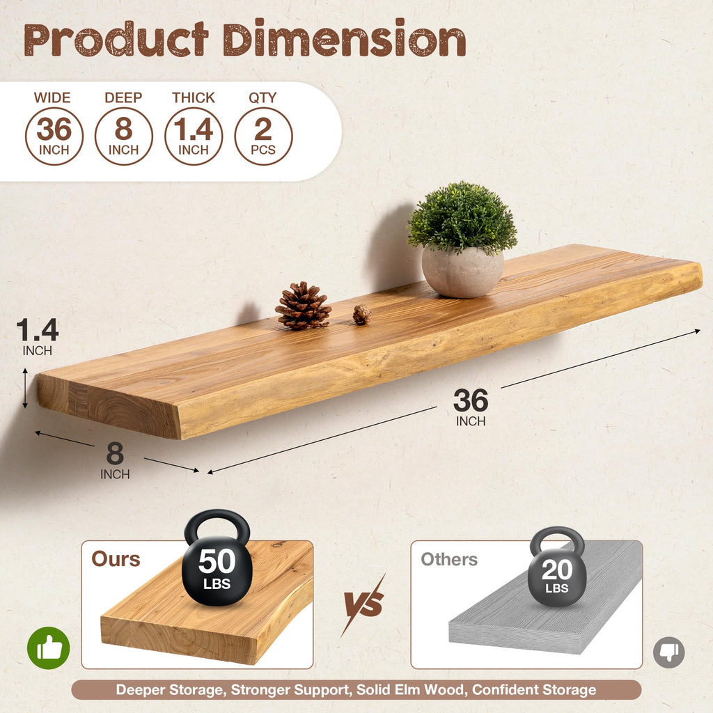 Live Edge Floating Shelves for Wall, 36 Inch Solid Elm Wood Shelves