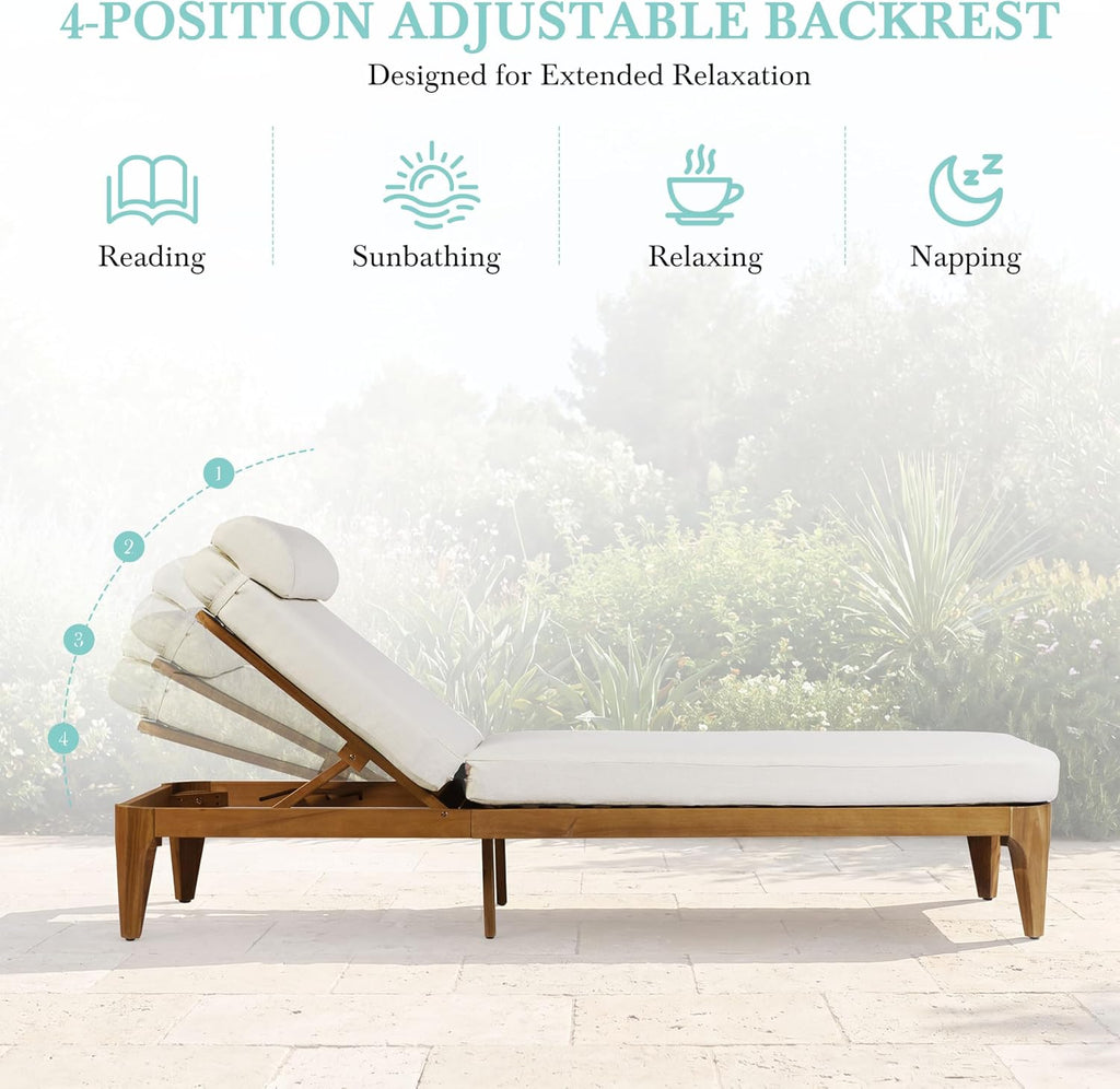 Acacia Wood Outdoor Chaise Lounge Chairs Set of 2 with Cushions, 4-Position Adjustable Patio Recliners with Head