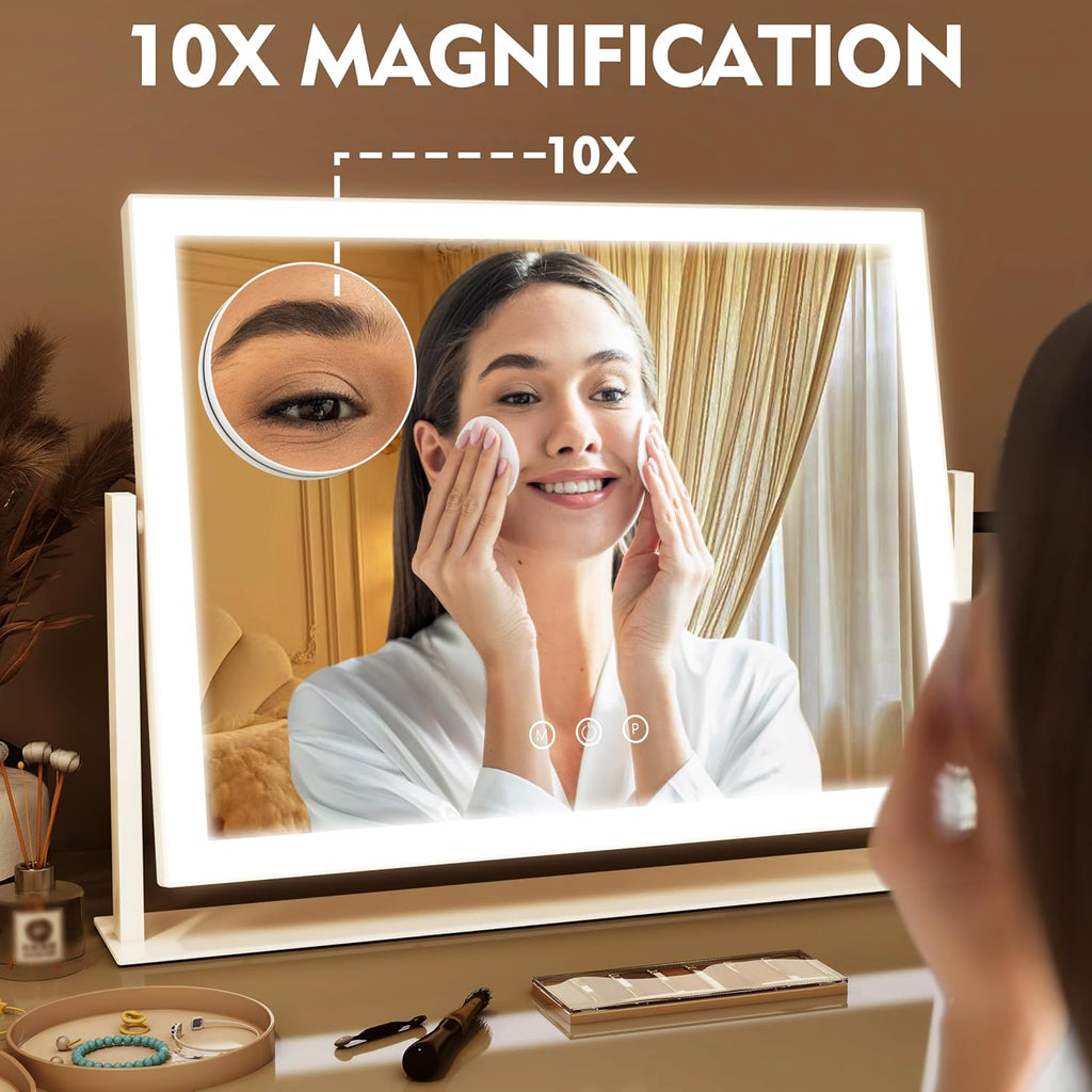 Lighted Makeup Mirror 16.3"x12.6", Hollywood Vanity Mirror with 10X Magnifier, 3 Color LED Lighting Modes, Smart Touch