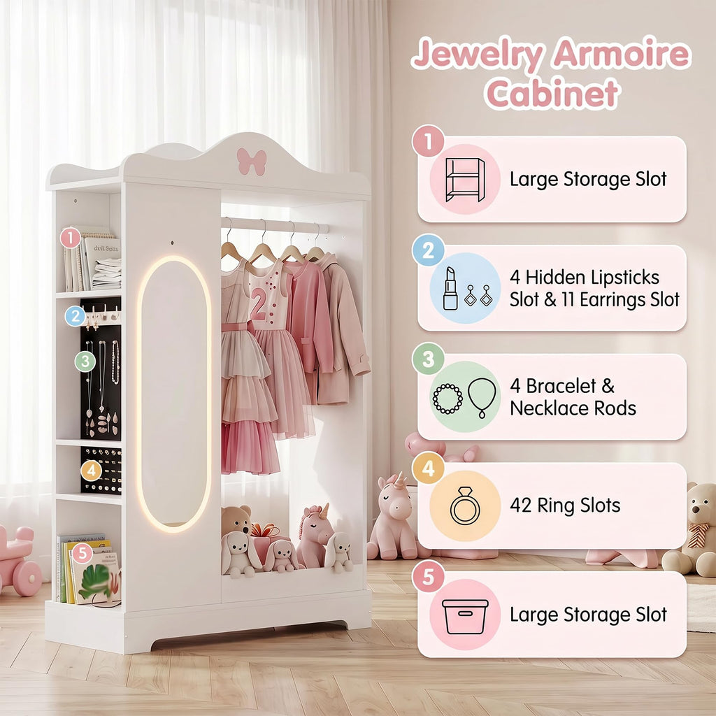 Kids Dress Up Storage with Lighted Mirror, Open Hanging Armoire, White