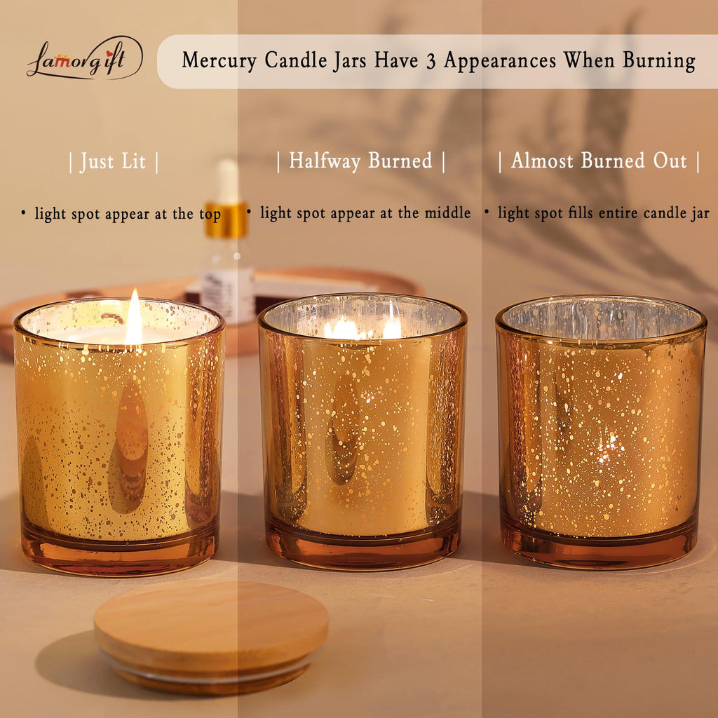 12 Pack Gold Mercury Glass Candle Jars (10oz) with Lids - Candle Makes Accessory Set Including 15 Labels