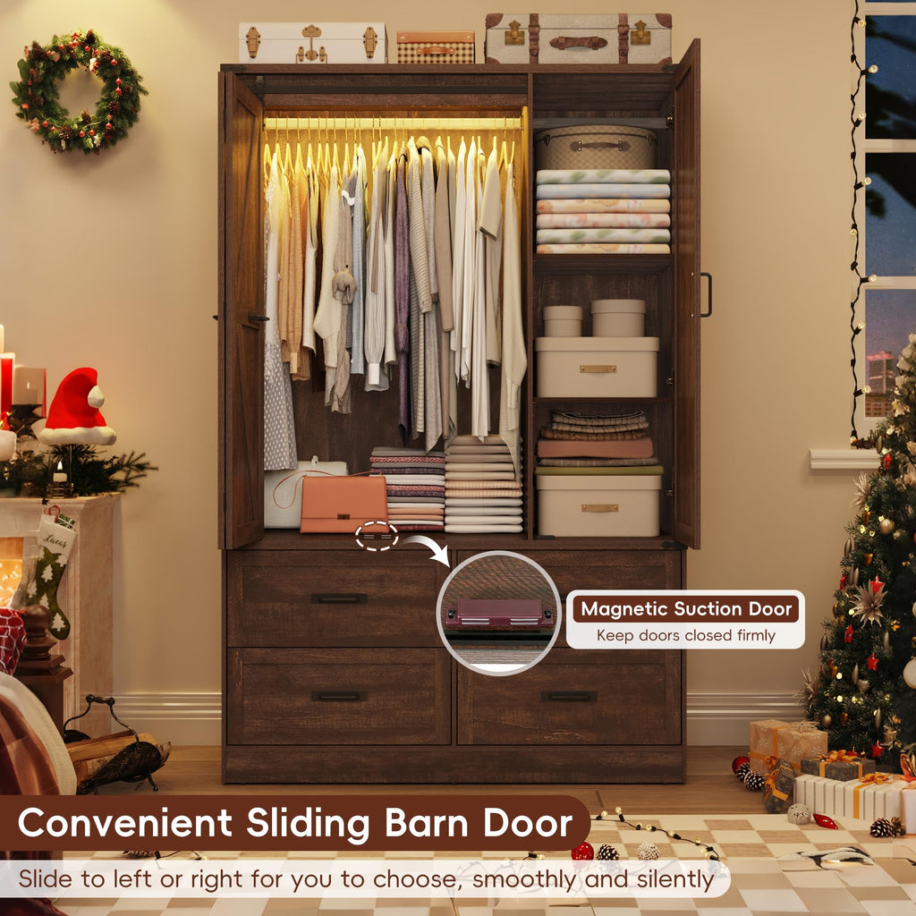 Farmhouse 3-Door Armoire Closet w/Mirror & LED, Rustic Brown