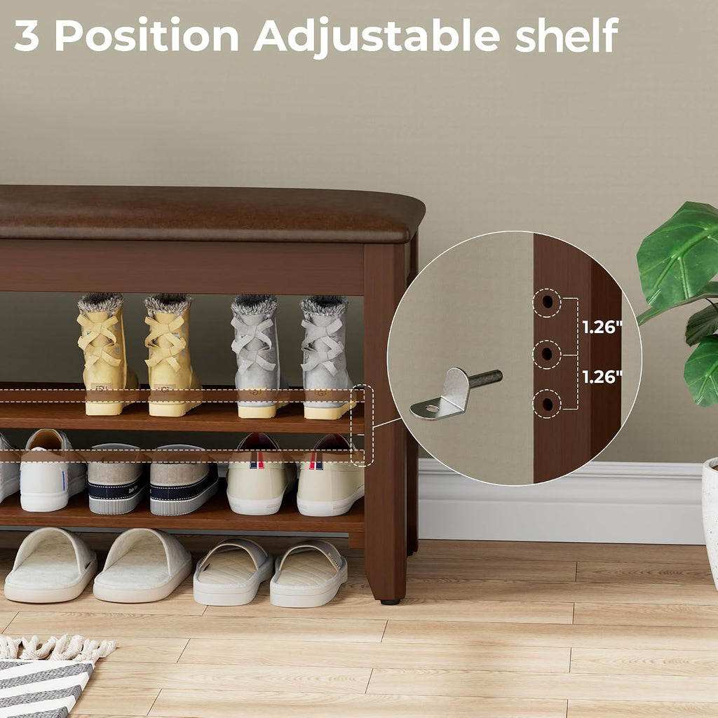2-Tier Solid Wood Shoe Rack Bench with Flip-Top Storage | Entryway Bench with Cushion, Adjustable Shelf, Holds Up to