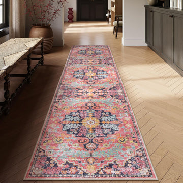 Reine Boho 2'8"x10' Washable Hallway Kitchen Runner Rugs with Rubber Backing, Bohemian Non-Slip Soft