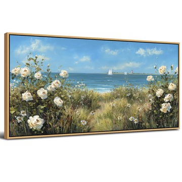 Blue Ocean Wall Art White Flowers Canvas Prints Nautre Coastal Wildflowers Pictures Beach Floral Painting Poster