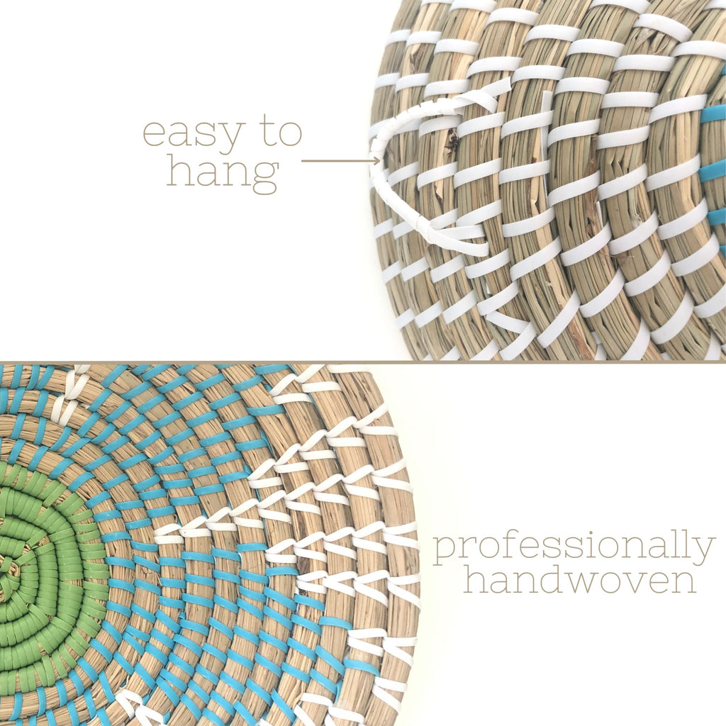 Wall Basket Decor - Wicker Coastal Baskets Hanging Woven Boho Beach Rattan Seagrass Set of 3 Beige Teal Blue and
