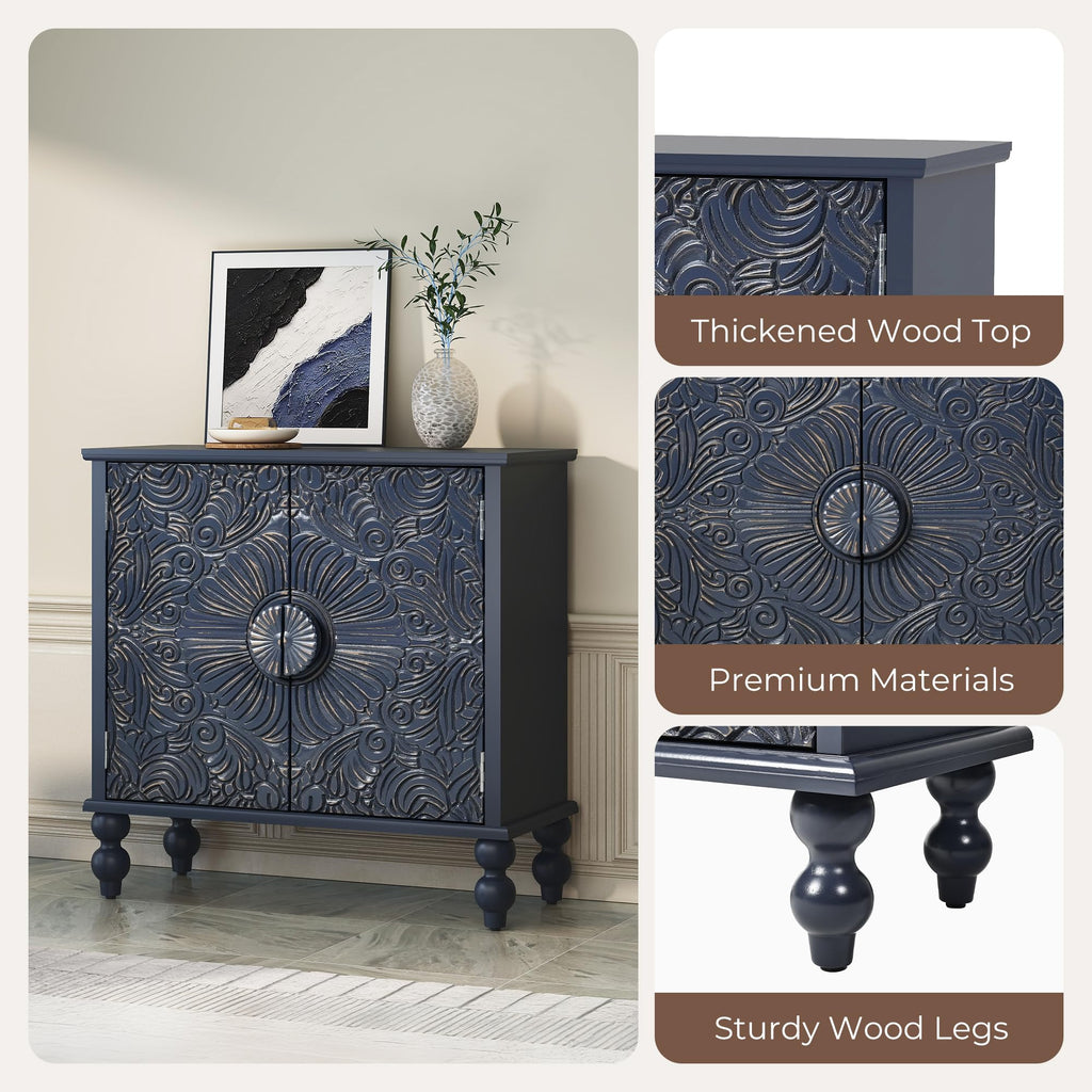 Solid Wood Buffet Cabinet, Accent Cabinet, 2 Carved Doors, Blue