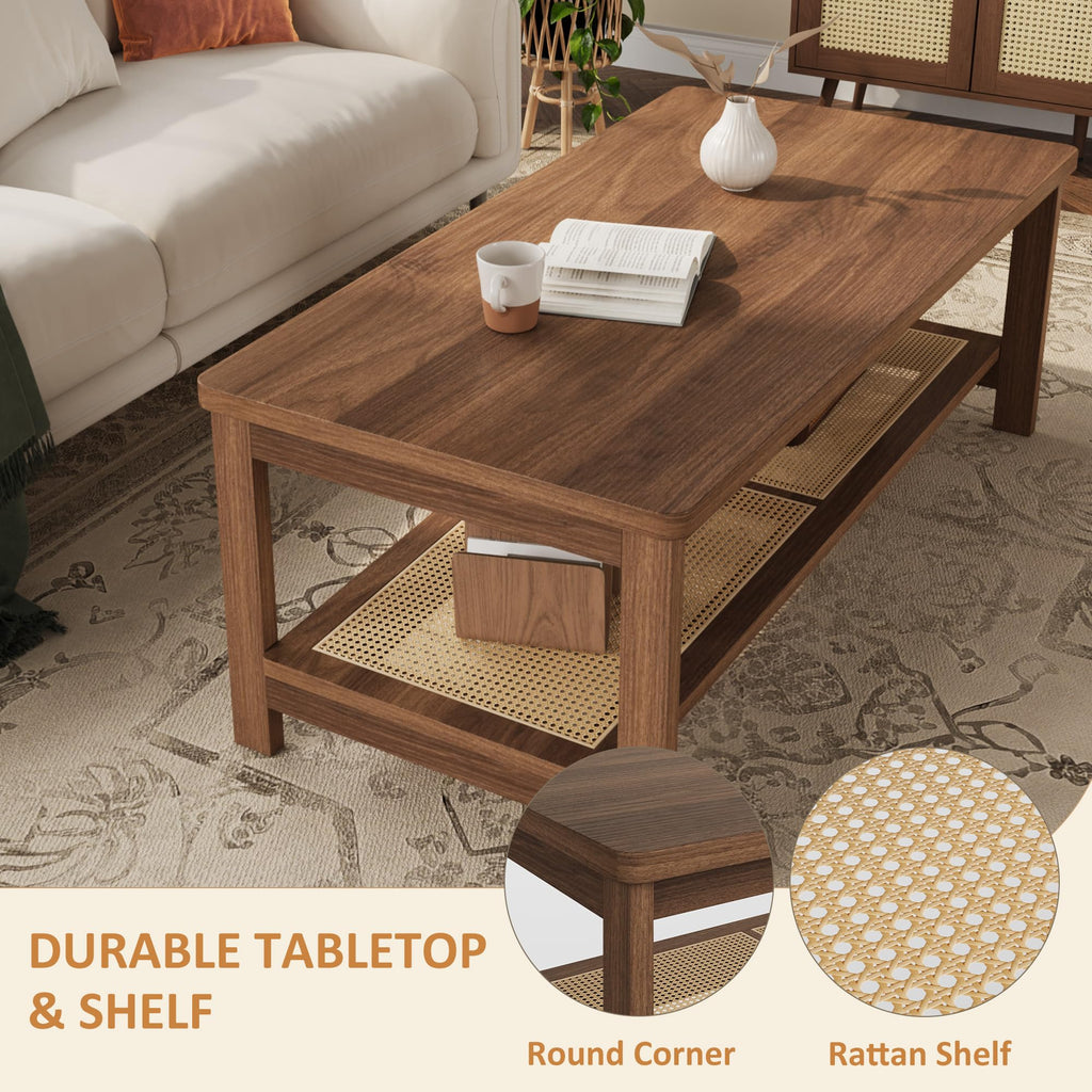 2-Tier Coffee Table with Rattan Storage Shelf, Walnut Brown