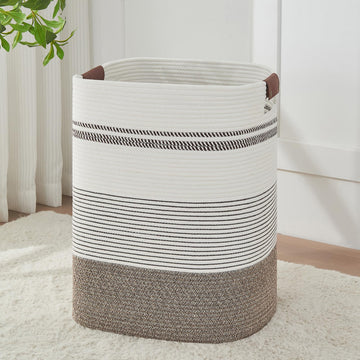 Laundry Hamper - Tall Woven Rope Laundry Basket - Clothes hamper with Leather Handles, 17" X 13.8" X 22", Blanket