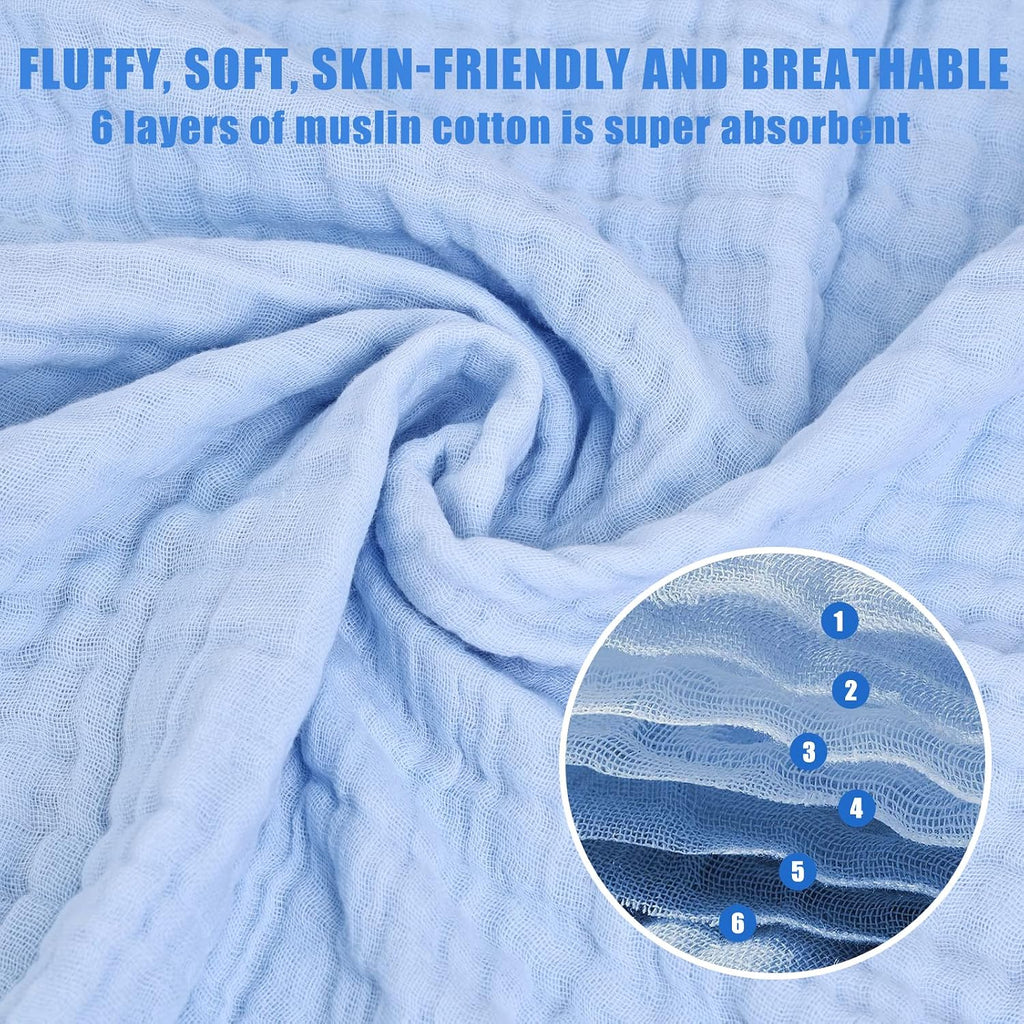 Muslin Baby Bath Towels Set 3 Pack,Large 40"x40",6Layer Natural Cotton,Blue