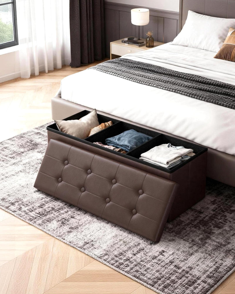 43" Storage Ottoman Bench, Folding Faux Leather Chest, Brown