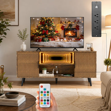 55" Fluted Small Amber TV Stand with Outlet & Fireplace Light