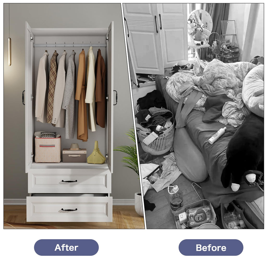 White Wardrobe Closet with 6 Drawers and 6 Doors, 75" H x 95" W