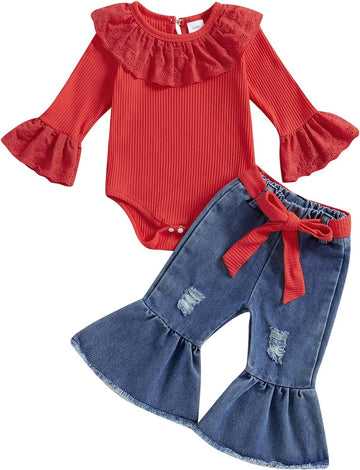 Newborn Baby Girl Outfits Rib Knit Romper Jeans Flare Pants Headband