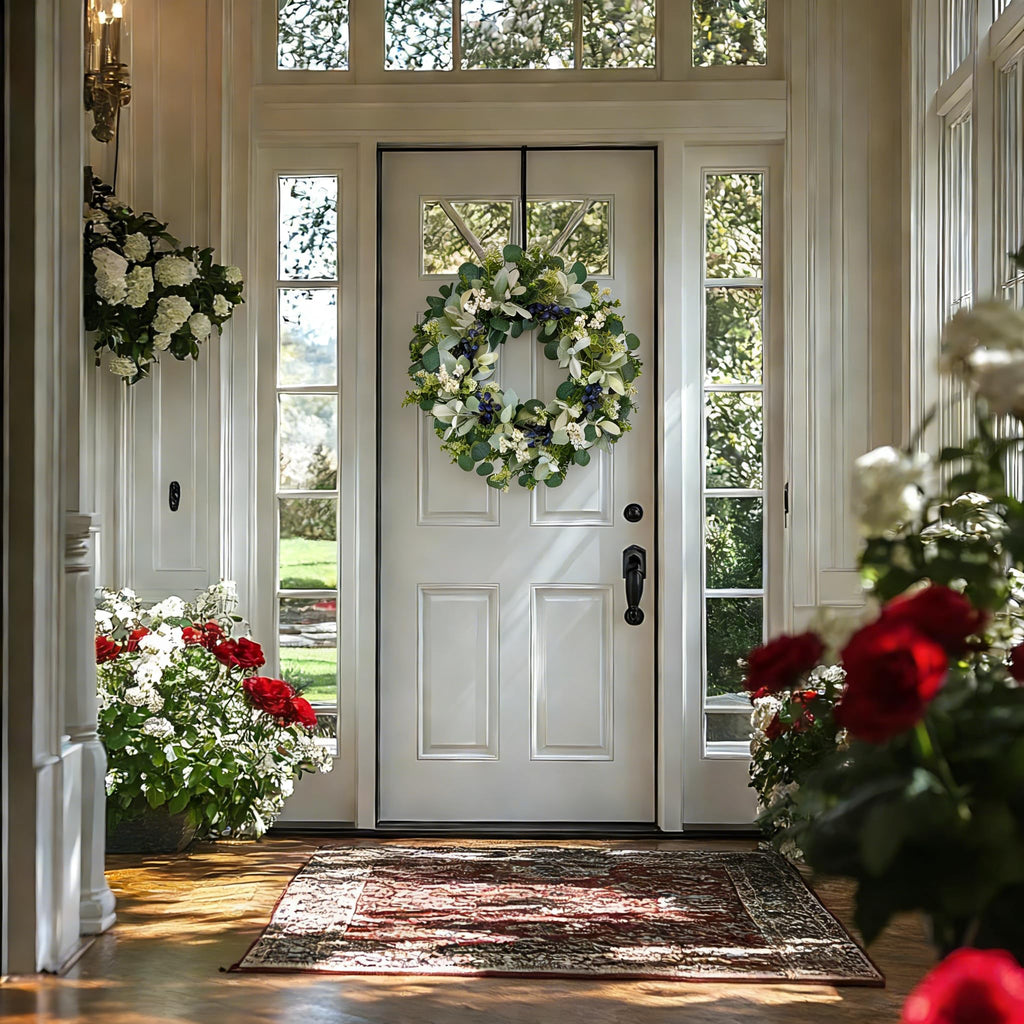 22 Inch Wreaths for Front Door, Green Spring Summer Wreath with Faux Lamb's Ear, Eucalyptus Leaves, White & Blue