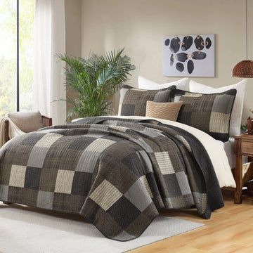 100% Cotton Quilt Set - Farmhouse Plaid Quilted Comforter, Reversible Quilt Bedspread, Patchwork