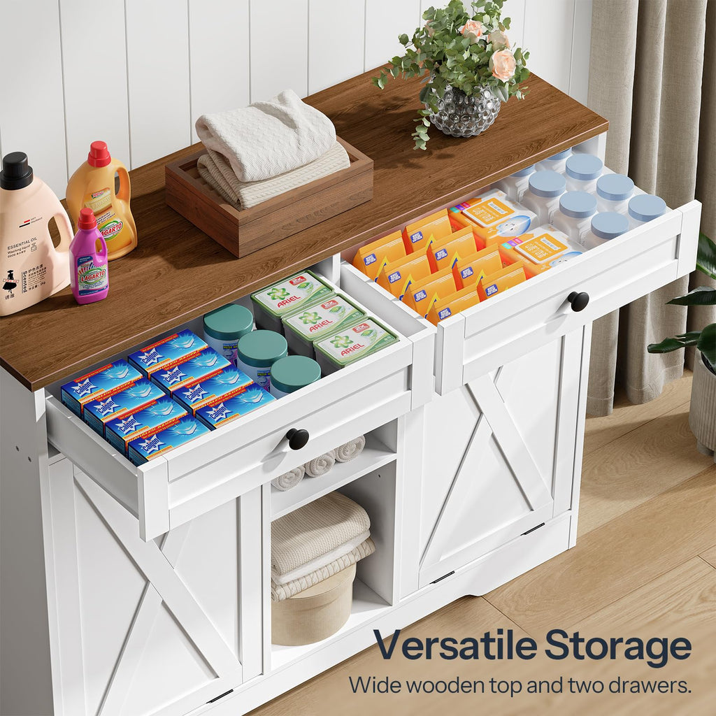 Double Tilt Out Laundry Hamper Cabinet, 23 Gallon Farmhouse Trash Can Cabinet with 2 Drawers and Open Shelving