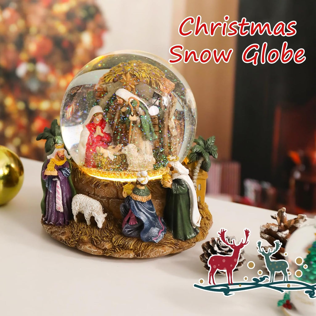 Christmas Snow Globes, Nativity Scene Snow Globes with Musical Battery Operated LED Lights Glittering Water Globe