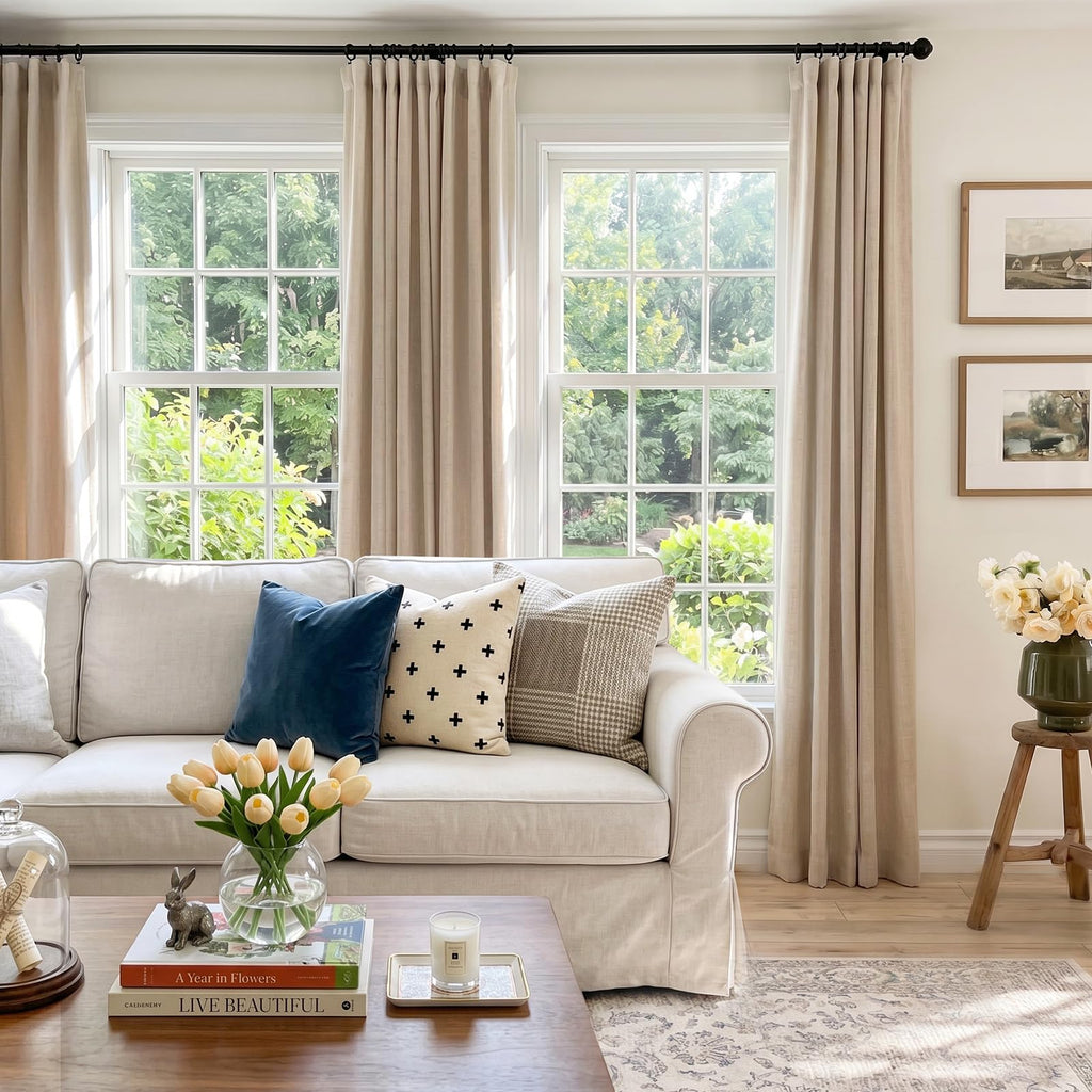 100% Blackout Curtains Oatmeal Linen Look Curtains 84 Inch Long