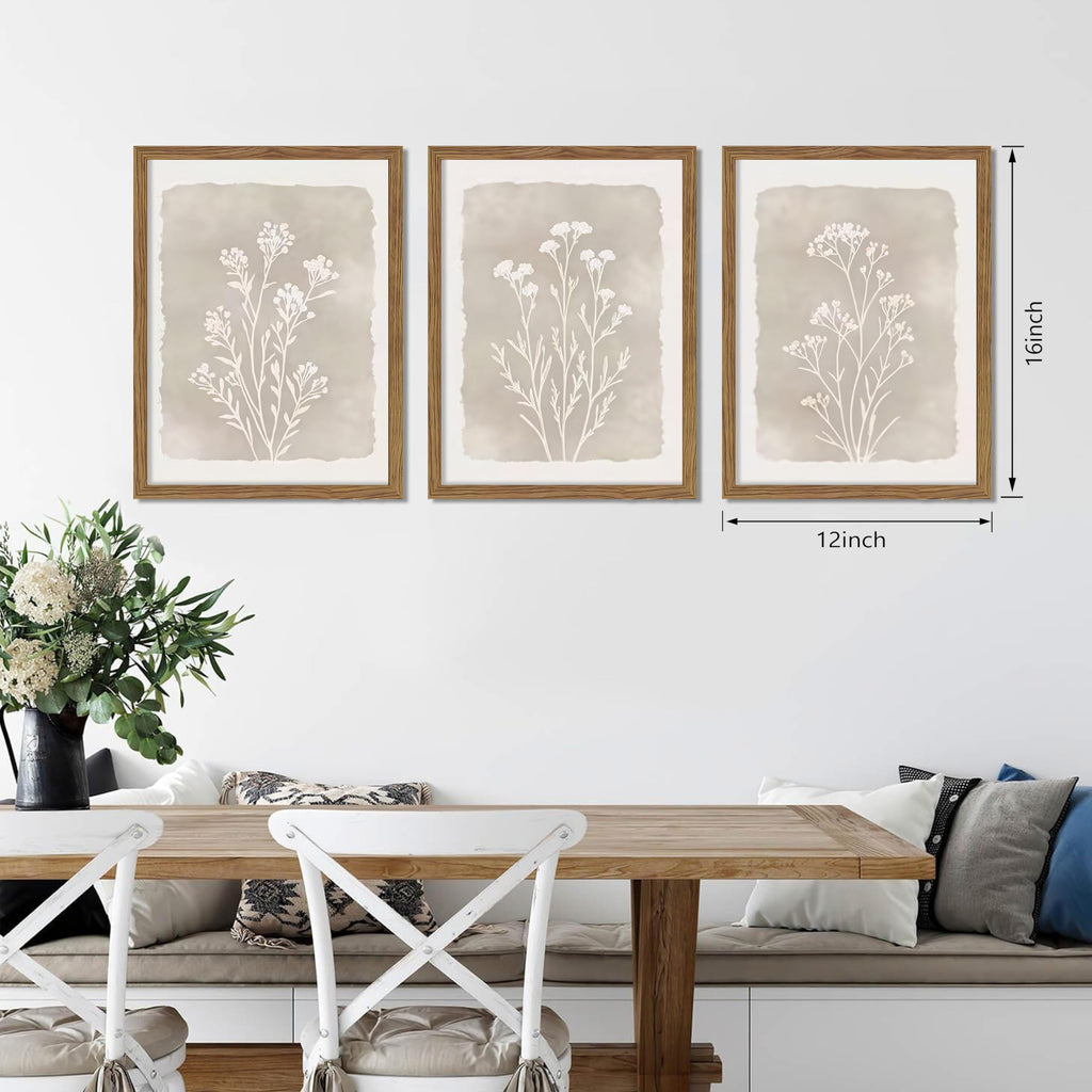 Framed Boho Botanical Flower Wall Art Set of 3, Vintage Minimalist Neutral Floral Wall Decor Paintings, Rustic