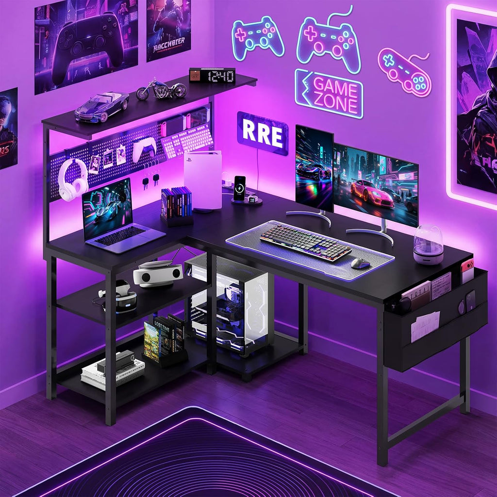 47in L Shaped Gaming Desk with Pegboard & Shelf & Storage Bag, Black | LED Light, Power Outlet, Reversible Gaming
