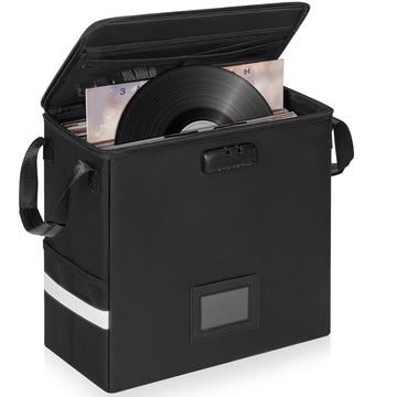 Fireproof Vinyl Record Storage Box with Lock, Holds 35-50 LPs, Black