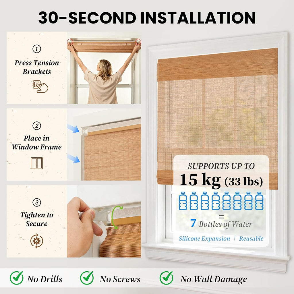 No Drill Cordless Bamboo Roman Shades with Matching Valance, Light Filtering Natural Woven Roll Up Blinds , and