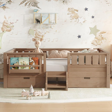 Full Floor Bed with Stairs, Rails and Slats, Full Size Montessori Floor Bed with Bookshelf and 2 Storage Drawers