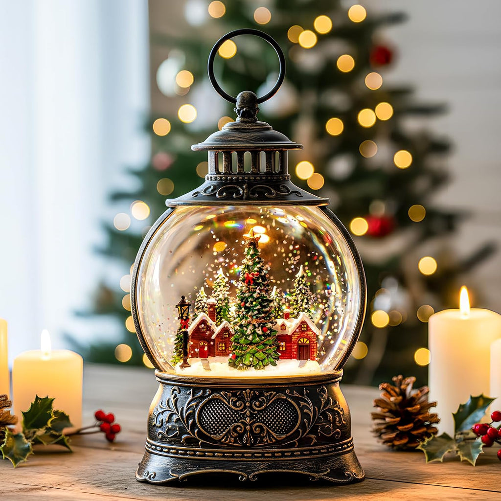 Christmas Village Snow Globe Lighted Christmas Tree and Village Scene, Musical Snow Water Lantern Swirling Glittering