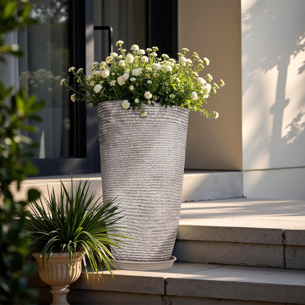 Set of 2 Oversized 9 Gallon Round Planters for Front Door & Patio - 12x21 Inch Tall Outdoor/Indoor Plant Pots with