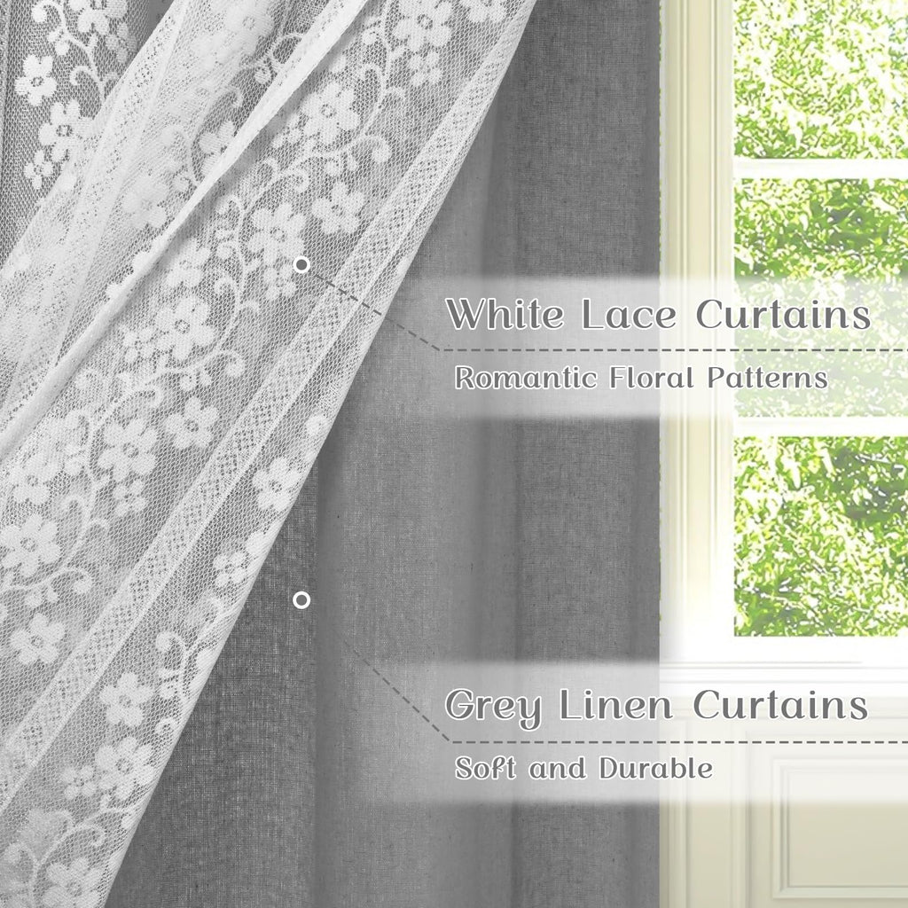 Linen Farmhouse Kitchen Curtains, Double Layered Valances for Windows with Linen and Lace, Rustic Curtains Window