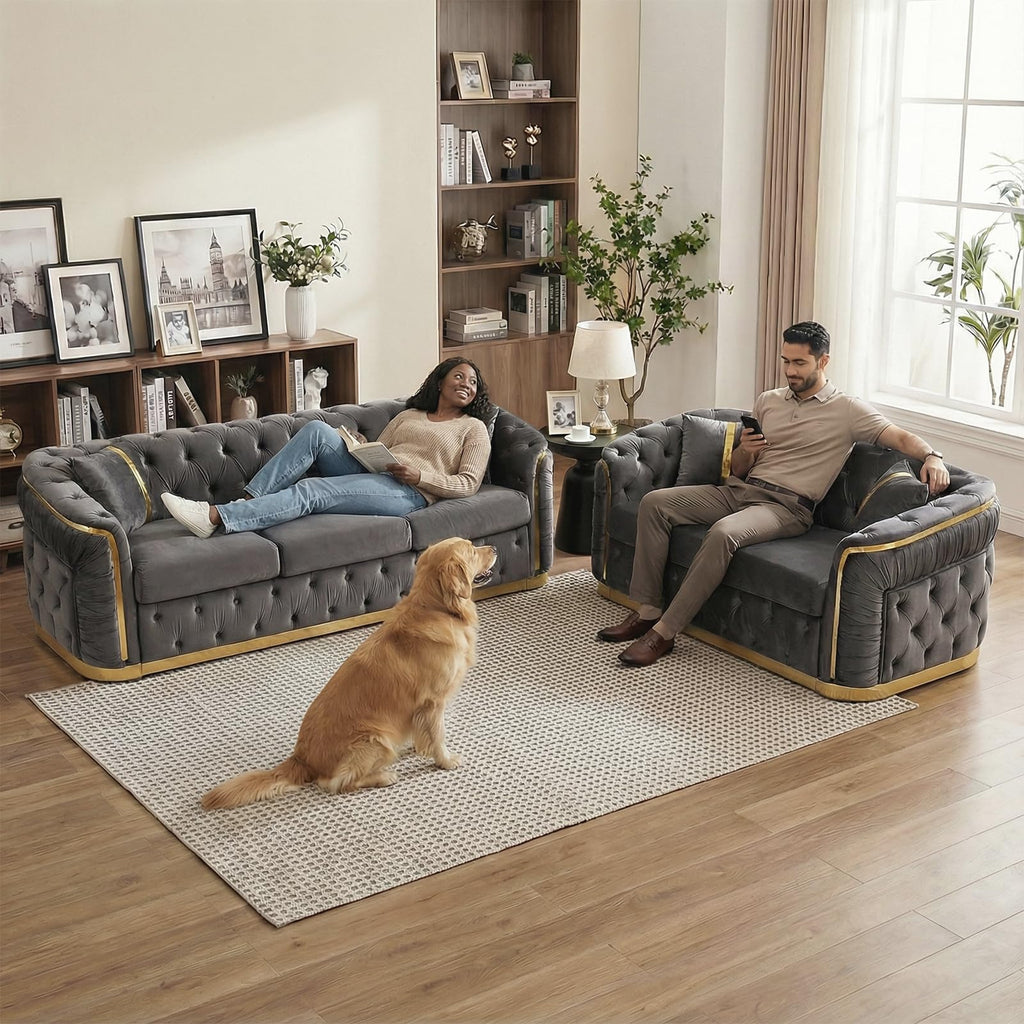 2 Piece Luxury Chesterfield Sofa Set, Tufted Grey and Gold Couch and Loveseat Sets with Golden Decor & 4 Pillows, Mid