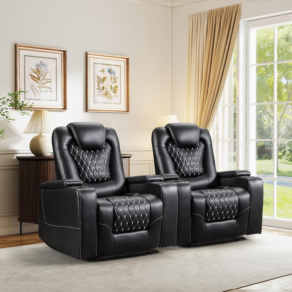 Power Recliner Chair with USB Ports and Cup Holders - Overstuffed Electric Home Theater Seating PU Leather Reclining Furniture with Hidden Arm Storage, Easy to Clean (Set of 2, Black) A120-B0D268R4LK