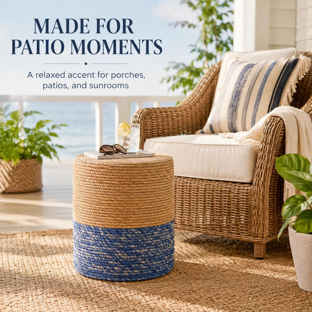 Natural Seagrass Foot Stool, Hand Weaving Round Ottoman, Outdoor Seat (Natural & Blue)