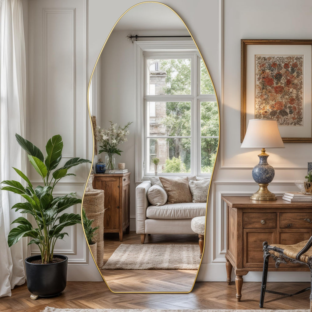 Irregular Full Length Mirror, 76"x36" Asymmetrical Floor Mirror with Stand, Standing Hanging Leaning Irregular