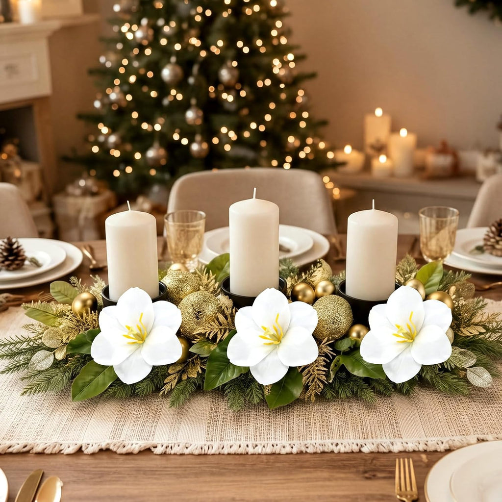 28 Inch Christmas Magnolia Centerpiece with 3 Candle Holders
