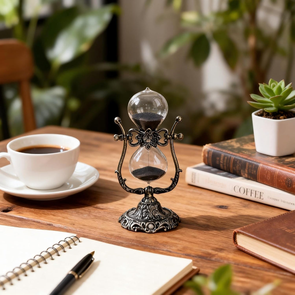 Vintage 30-Minute Hourglass with Zinc Alloy Base - Black Sand Timer Desk Decor, Decorative Antique Style Glass &